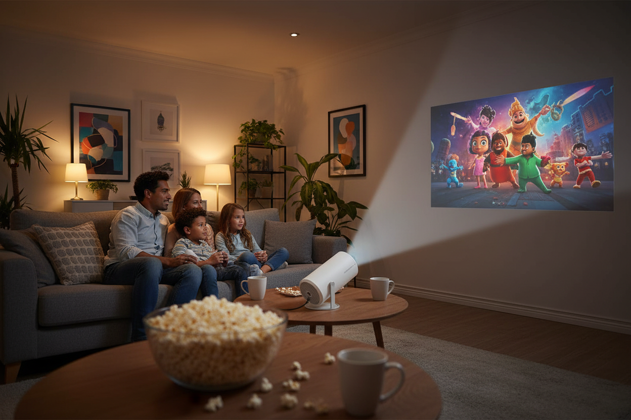 Gezin kijkt film met HY300 Pro beamer en popcorn