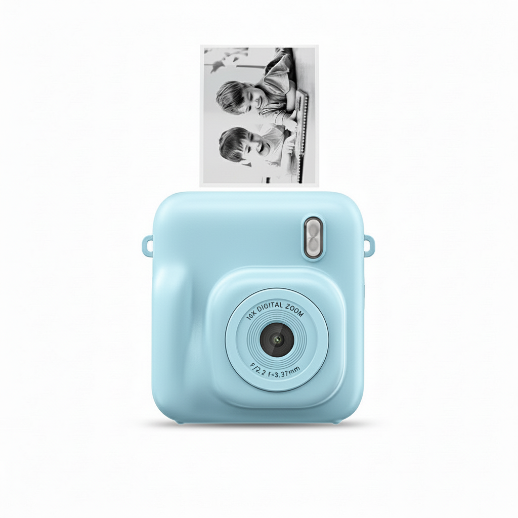 Blauwe instant print camera